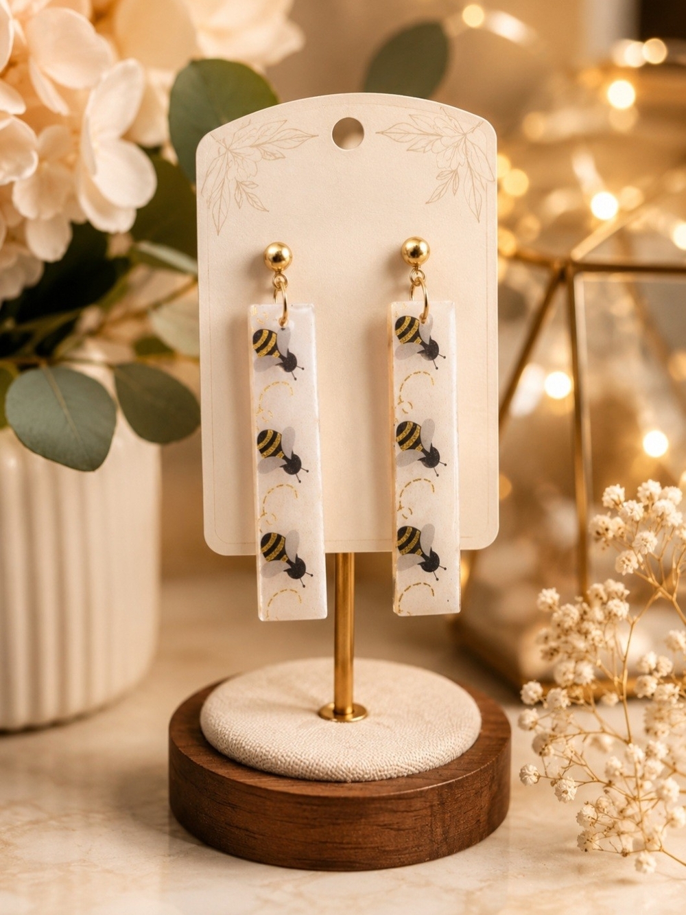 Handmade Bee Print Dangle Earrings - White & Gold